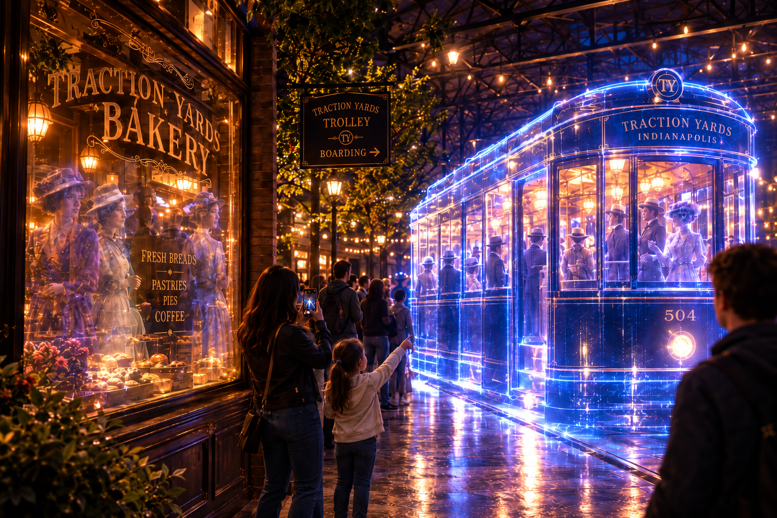 Concept visualization of a luminous trolley passing the Traction Yards Bakery, with historical figures appearing in the storefront window